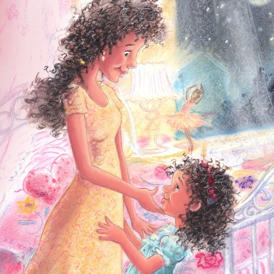 A mother in a yellow dress leaning down to her small daughter in a moonlit bedroom