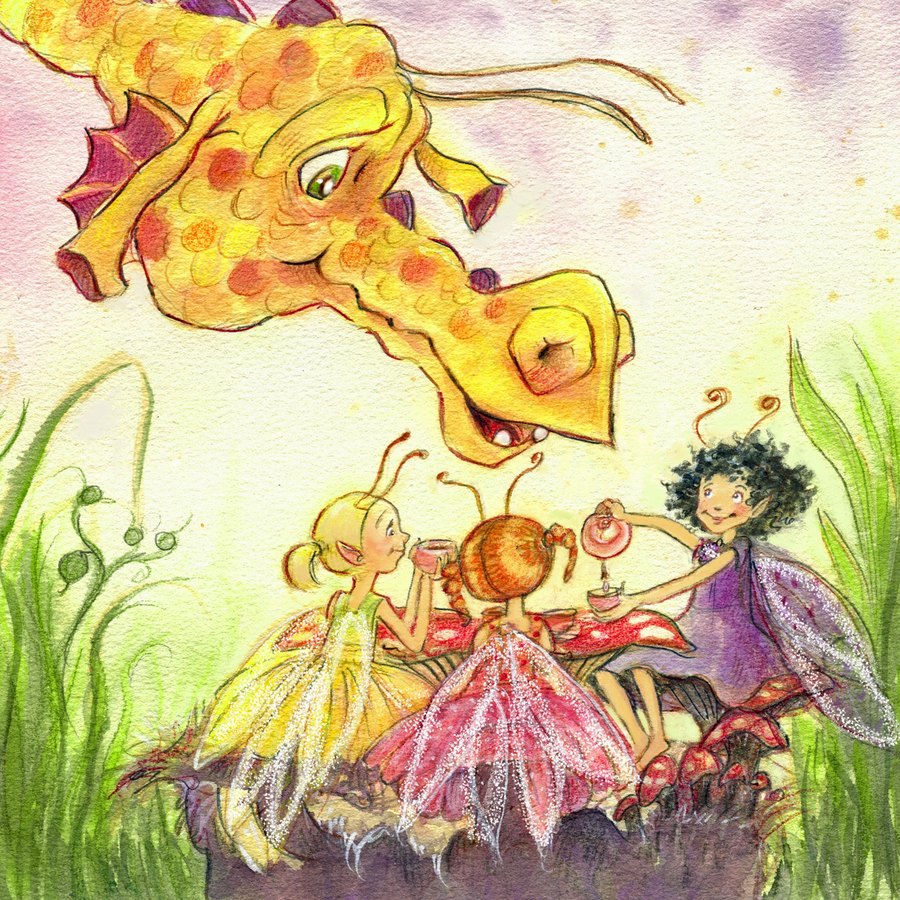 A friendly yellow dragon leaning over three fairies at a toadstool tea party