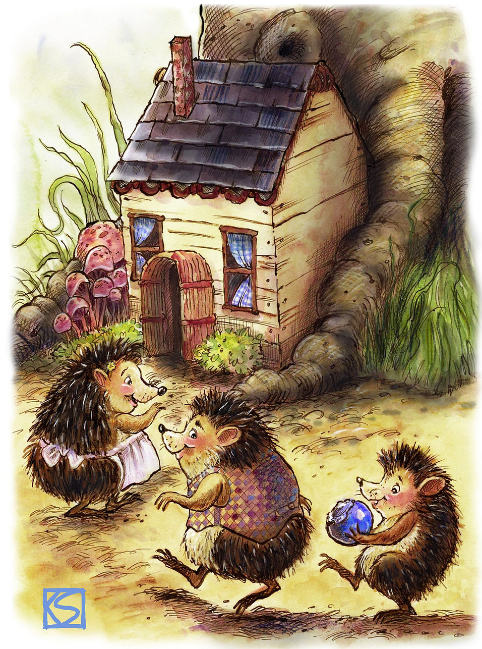 Three hedgehogs in clothes outside a mushroom-covered cottage