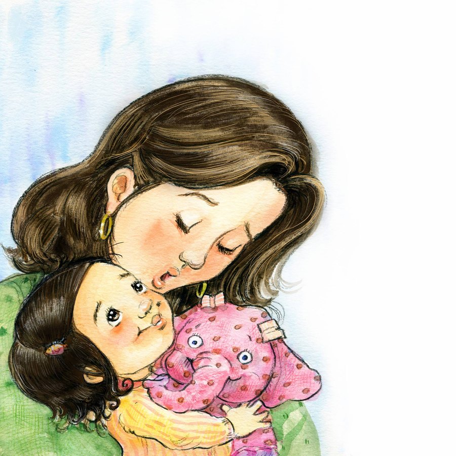 A mother resting her cheek against her small daughter, who hugs a pink spotted elephant toy