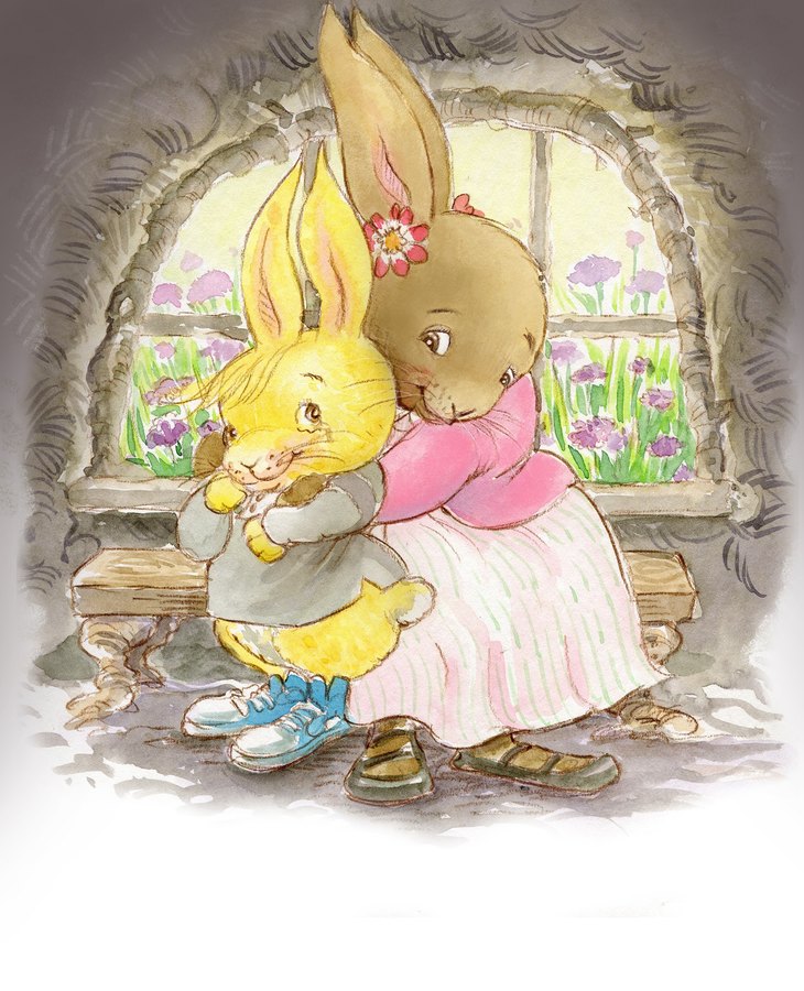 A mother rabbit in a pink pinafore hugging her small yellow bunny at a cottage window
