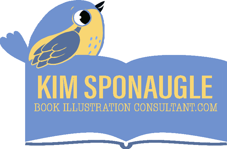 Book Illustration Consultant — Kim Sponaugle. A cornflower-blue bird perched on an open book.