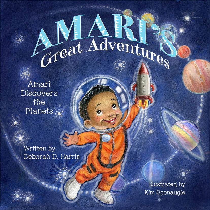 Book cover: Amari Discovers the Planets — a child in an orange spacesuit holding a rocket among the planets