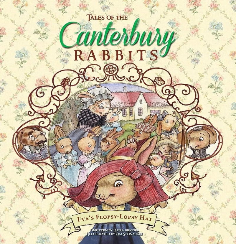 Book cover: Tales of the Canterbury Rabbits — a Victorian rabbit family in an oval cameo on floral wallpaper