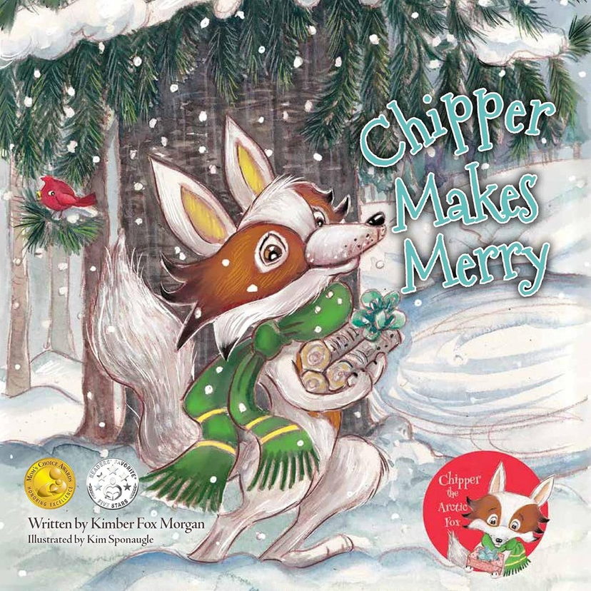 Book cover: Chipper Makes Merry — an arctic fox in a green scarf carrying birch logs through a snowy wood