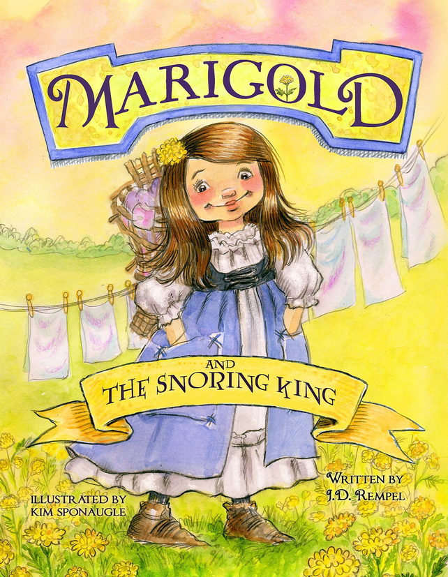 Book cover: Marigold and the Snoring King — a girl with a laundry basket in a meadow