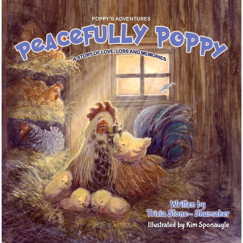 Book cover: Peacefully Poppy — a mother hen and her chicks in a sunlit barn