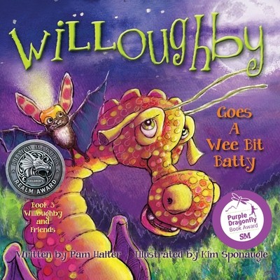 Book cover: Willoughby Goes A Wee Bit Batty — a purple-and-orange dragon with a bat perched on its wing